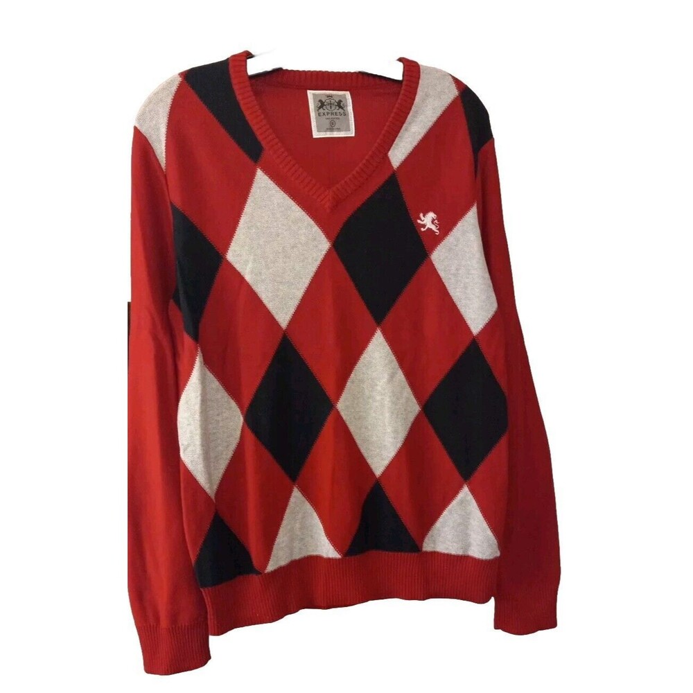 Express Mens‎ Grey/black/red Argyle V-Neck Pullover Sweater Size Small
